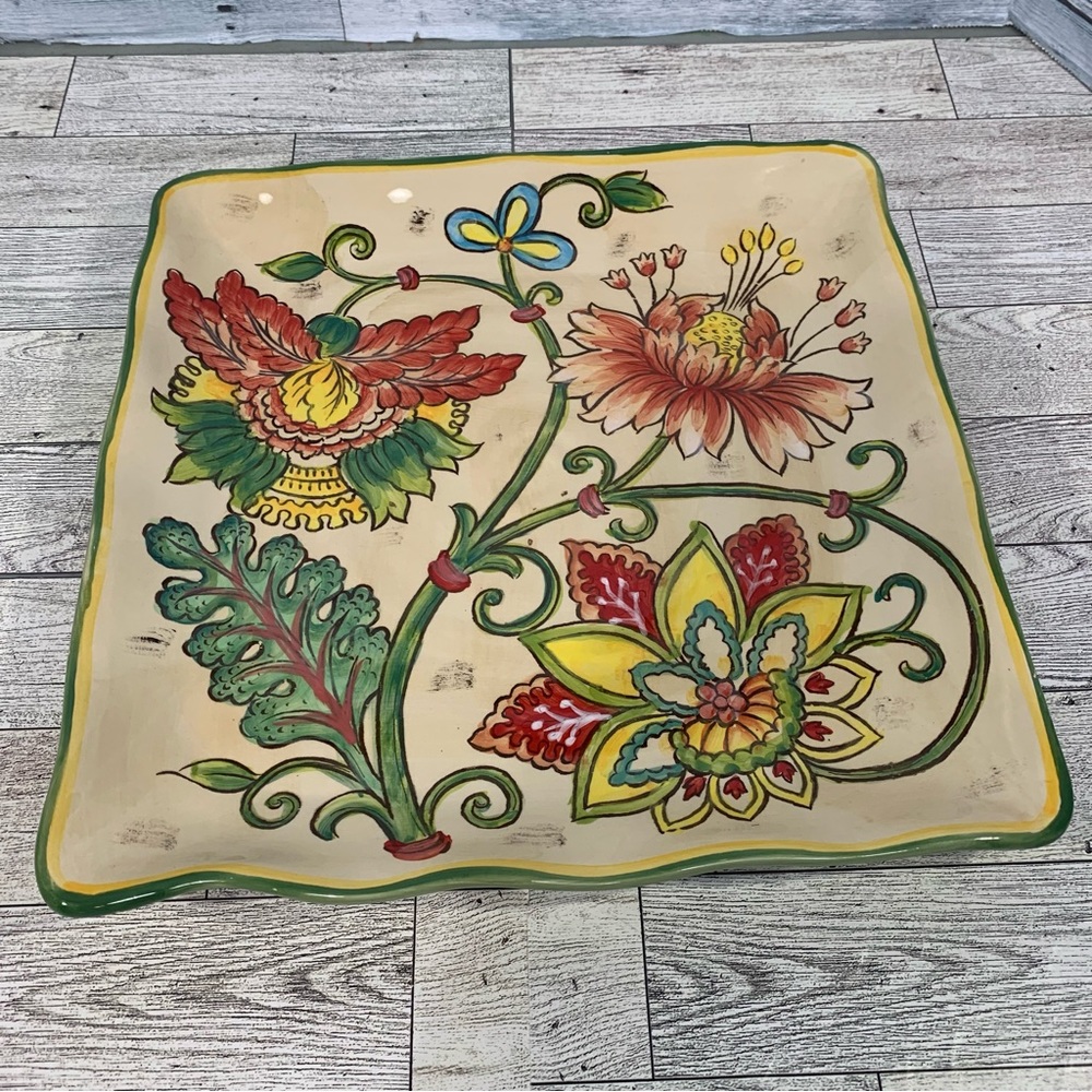 Maxcera Vanilla Chintz Square Dinner Plate 11.25” Multicolor Floral And Leaves